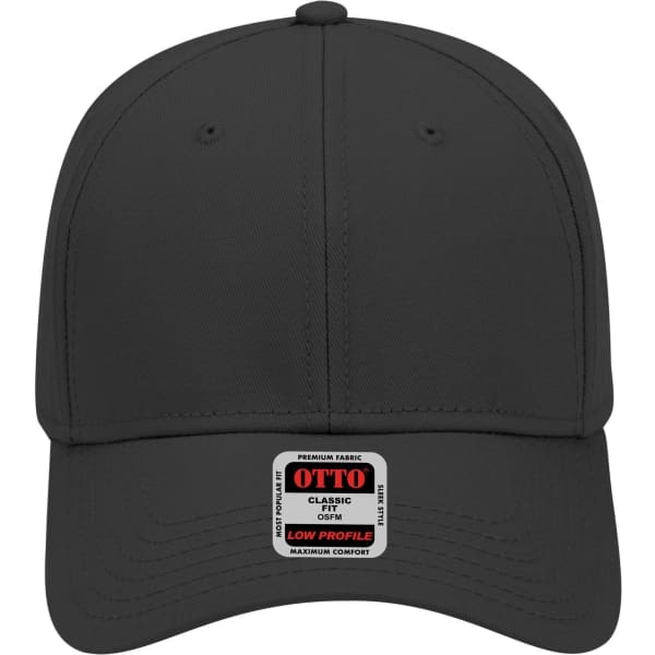A black low-profile baseball cap featuring a logo on the front and a smooth finish.
