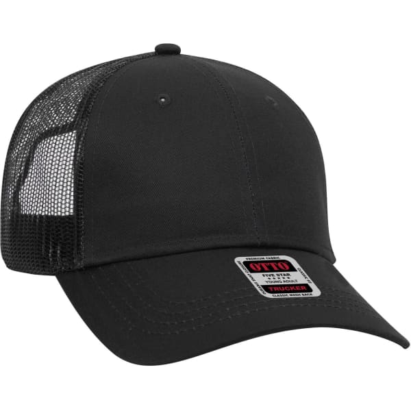 A black 6 panel low profile trucker cap with a mesh back and a branded label on the front.
