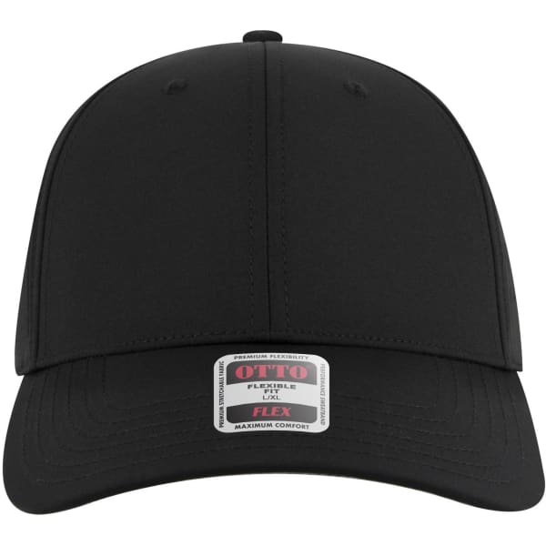 A black 6 panel low profile style baseball cap with a flexible fit and an attached label.