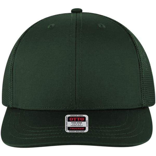 A dark green 6-panel mid-profile trucker cap with a structured design and a branded label.