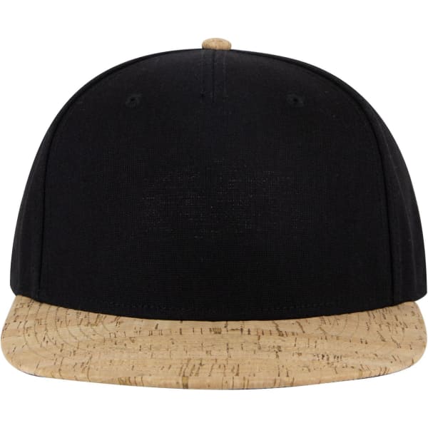 A black snapback cap with a cork visor, featuring a logo on the front.