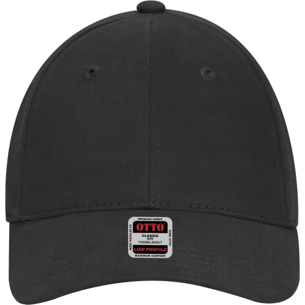 A black six-panel low profile baseball cap with an adjustable strap and a branded tag.