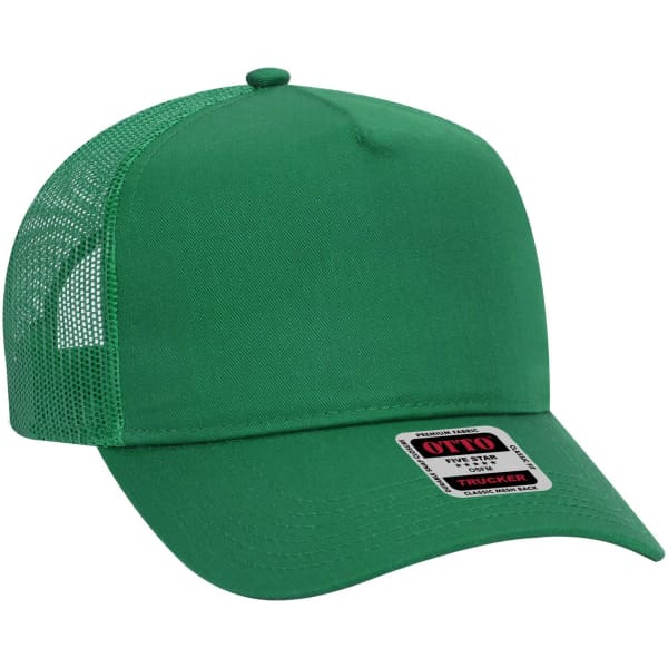A green 5 panel mid-profile trucker cap with a mesh back and a branding label.