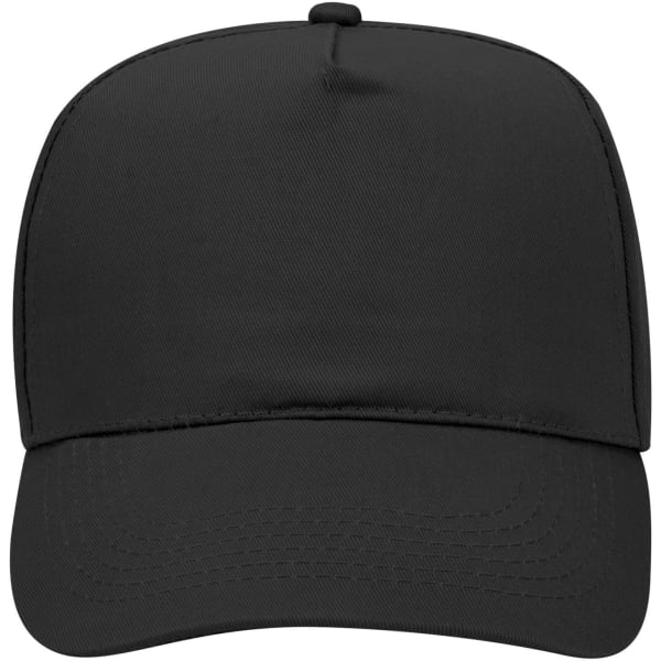 A black 5 Panel Mid Profile Baseball Cap featuring a structured design and a front panel for branding.