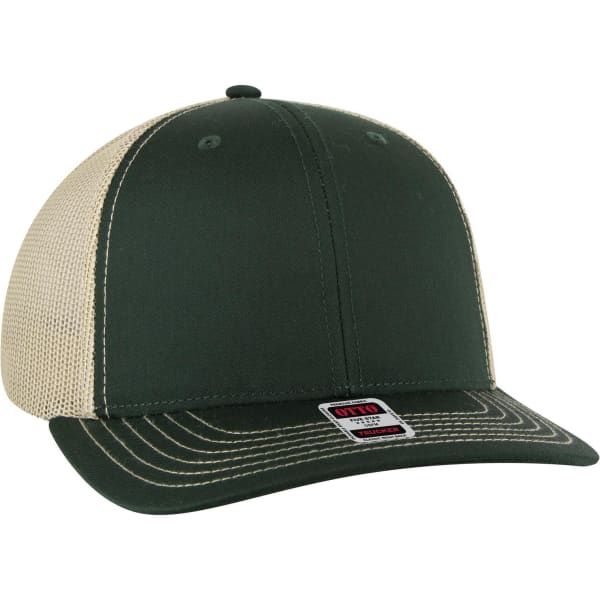 A green and beige 6 panel mid profile trucker cap with a structured front and mesh back, featuring a branding logo.