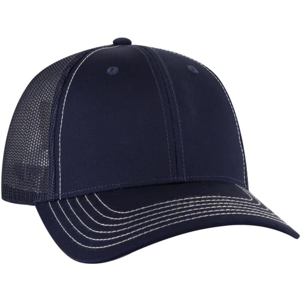 A navy blue 6 panel low profile trucker cap with a mesh back and contrasting stitching. It features a logo.