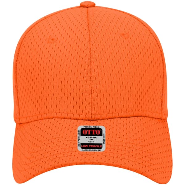 An orange 6-panel low profile baseball cap with a mesh design and a tag on the front.