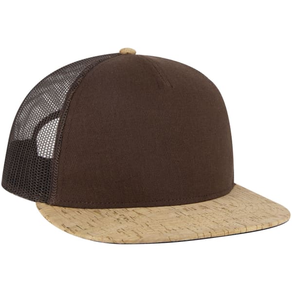 A brown trucker cap with a cork-style brim and a mesh back, featuring a logo.