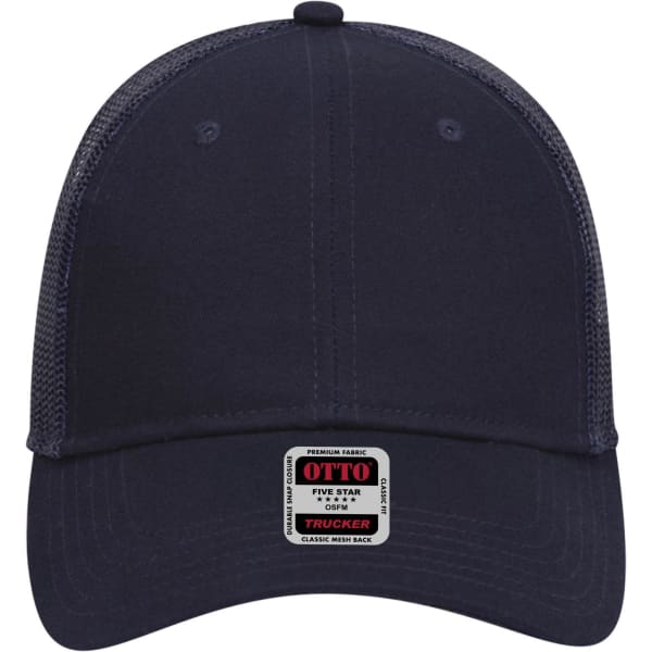 A navy blue 6 panel low profile trucker cap with a mesh back and a logo on the front.