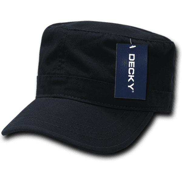 A black cap with a flat brim and military style, featuring a brand tag.