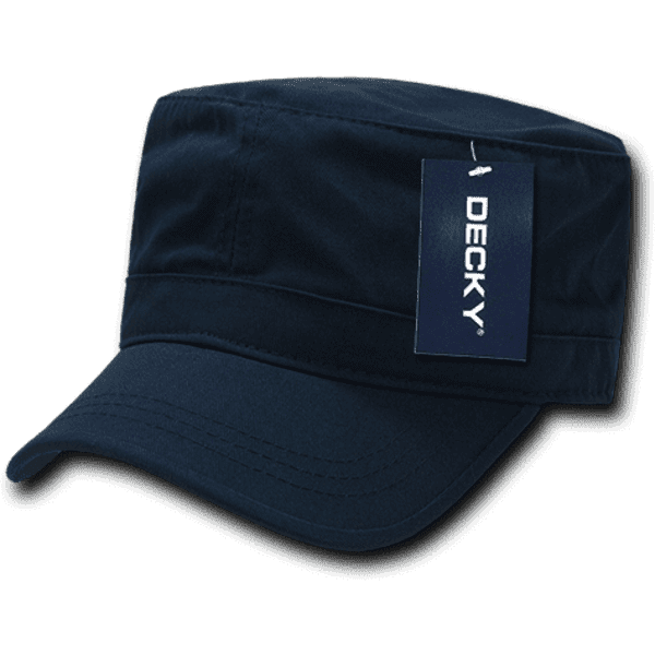 A washed G.I. cap in navy blue with a tag attached, featuring a branded logo.
