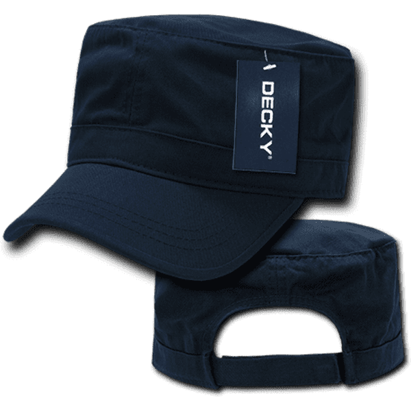 A navy blue G.I. cap with a tag and a rear opening, featuring a branding logo.