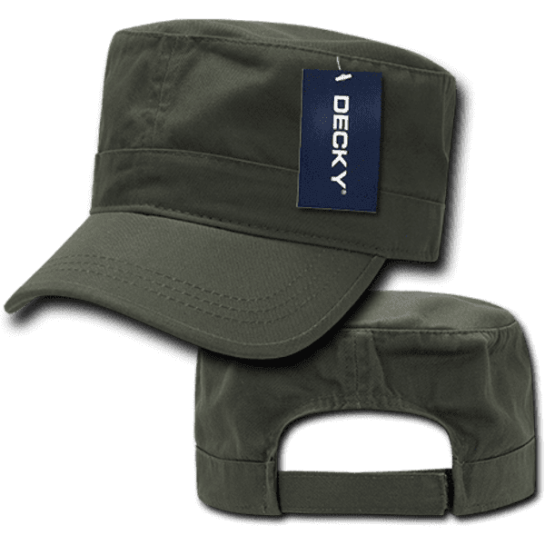 A washed green G.I. cap with a branded tag, featuring a flat brim and adjustable back.