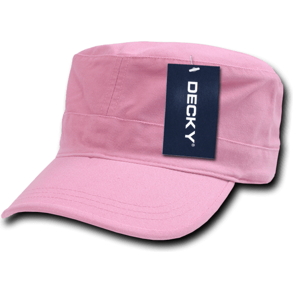 A washed pink G.I. cap with a folded brim and a tag attached, featuring a logo.