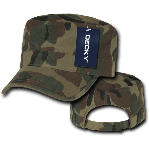 A camouflage cap with a folded brim and a tag attached, featuring shades of green and brown.