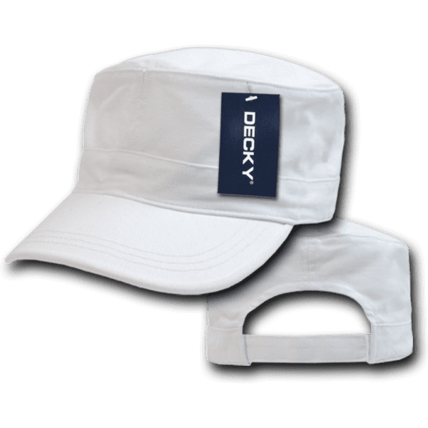 A white washed G.I. cap with a curved brim and a tag featuring a logo.