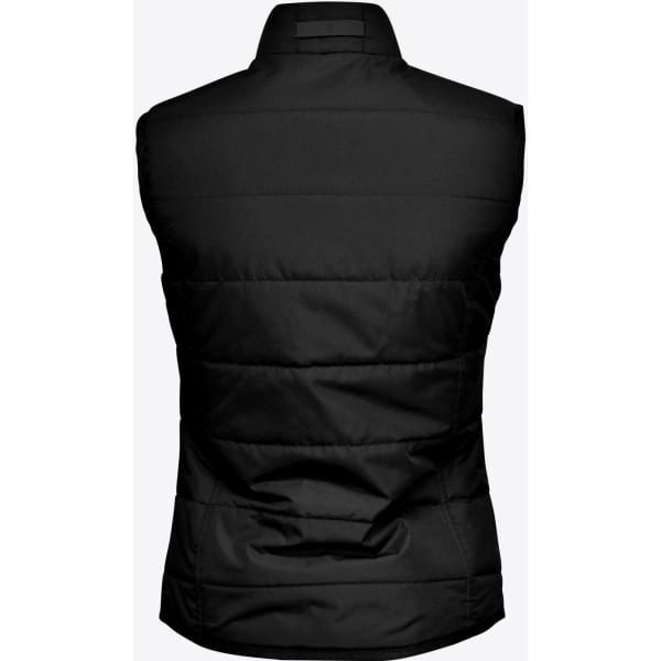 A black women's vest with a puffy texture and a high collar, featuring a simplistic design and no sleeves.