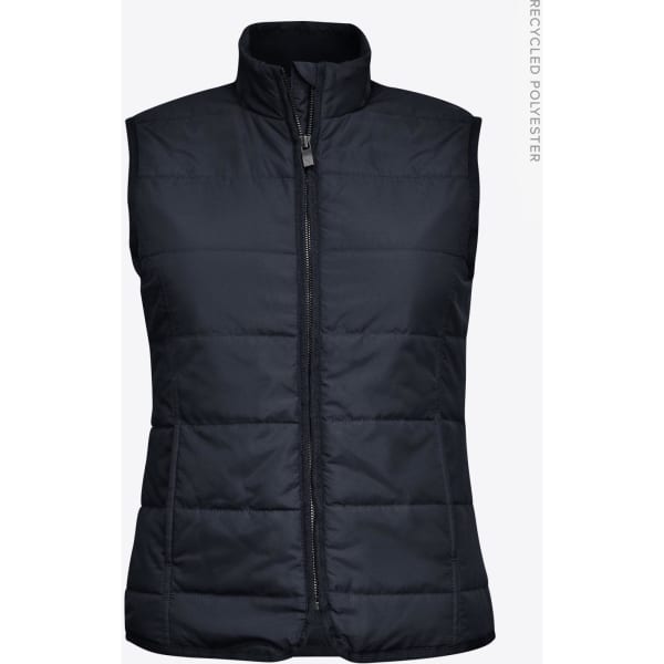 A navy women's vest with a zip front, featuring a quilted design and a high collar. It includes a logo.
