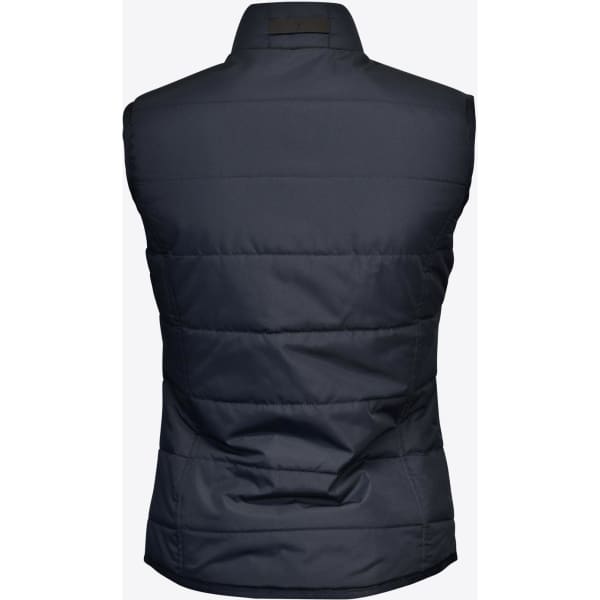 A navy women's vest with a padded design and a collar, featuring a logo on the back.