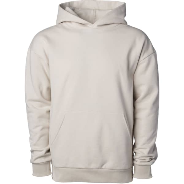 Avenue Pullover Hood in a light beige colour, featuring a hood and a front pocket. It has a logo.