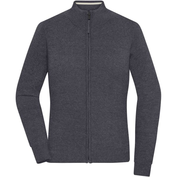 A ladies zip-cardigan in dark grey with long sleeves and a fitted silhouette. It features a zip closure and a subtle logo.