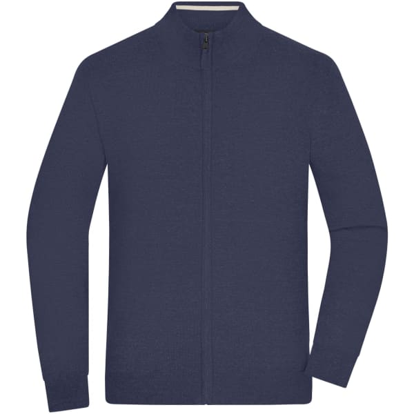 A navy men's zip cardigan with a high collar and long sleeves. It features a zipper down the front and has a logo.