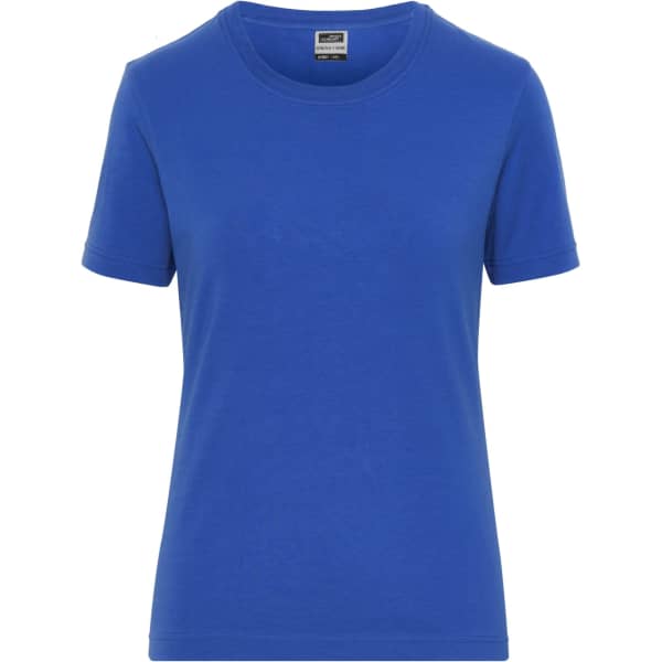 A blue ladies' t-shirt with a round neckline and short sleeves. It features a logo on the label.