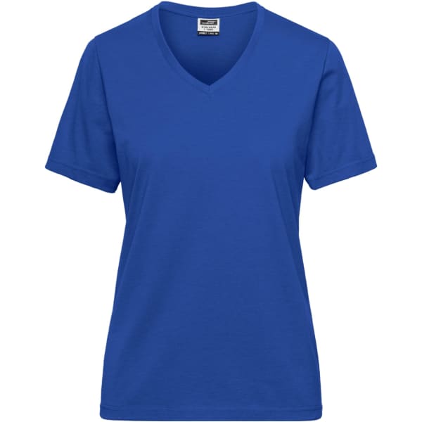A blue ladies' workwear t-shirt with a v-neck and short sleeves, featuring a logo on the label.