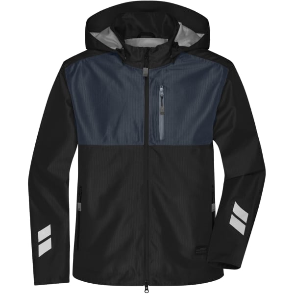 A black and navy Hardshell Workwear Jacket with a hood and reflective accents, featuring a zippered pocket on the chest.