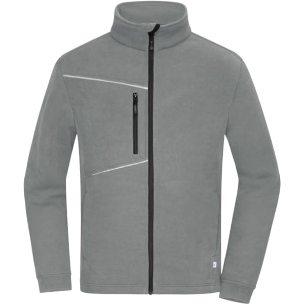 A fleece jacket in grey with a corduroy look and a zippered chest pocket. Features a high collar and zipper closure.