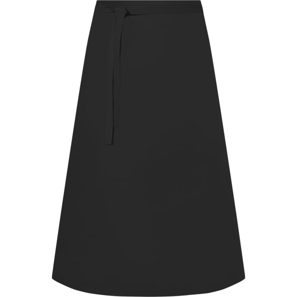 A black long apron featuring a tie waist and a simple, sleek design. It has a branding logo.