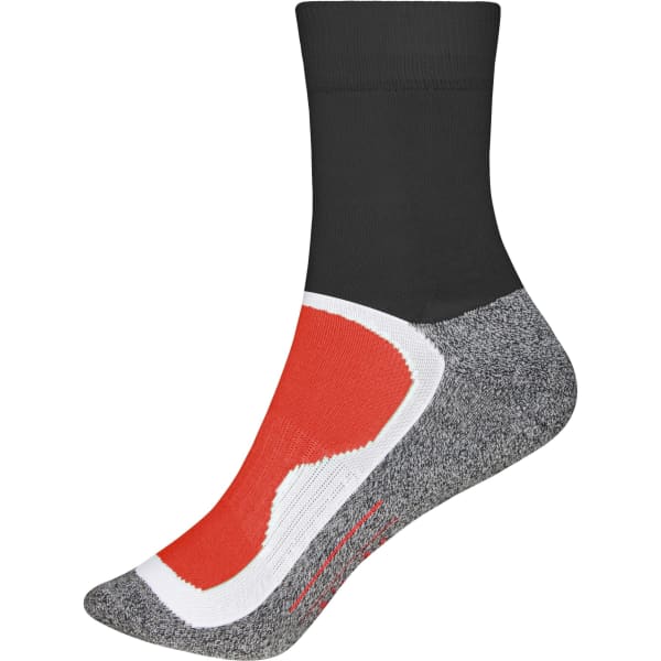 A pair of sport socks featuring a black upper, grey foot, and red accents. Includes a logo.