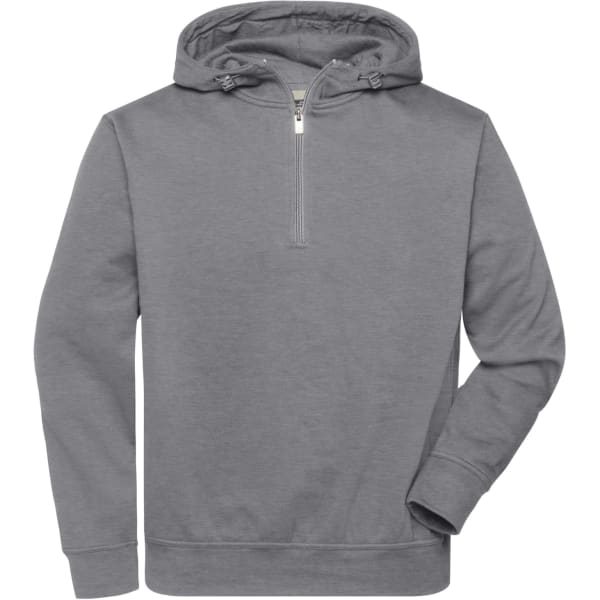 A grey half zip hoodie featuring a hood and long sleeves, with a simplistic design and a logo.