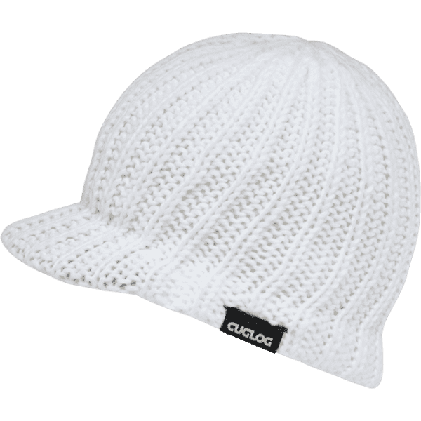 A white knitted beanie with a peak and a small logo tag. The texture is ribbed and soft.