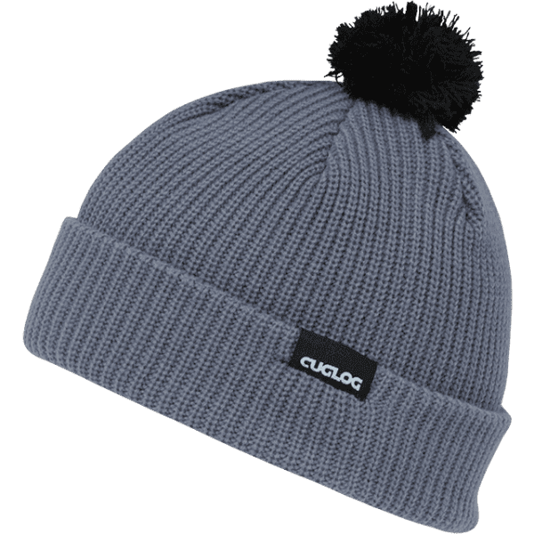 A grey beanie with a black pom-pom on top and a logo tag. Suitable for cold weather.