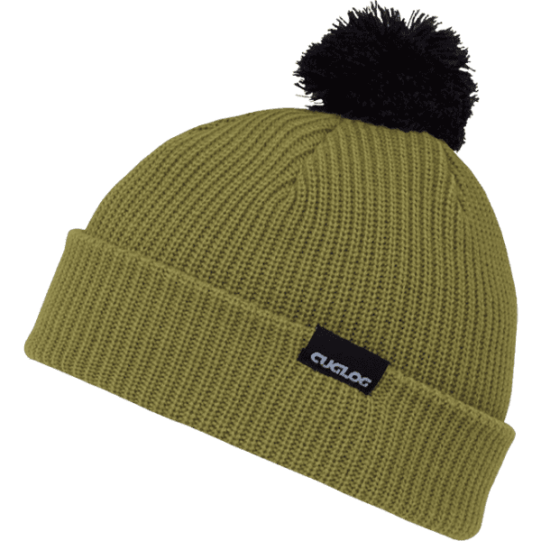 A green beanie with a black pom-pom and a small logo on the cuff.