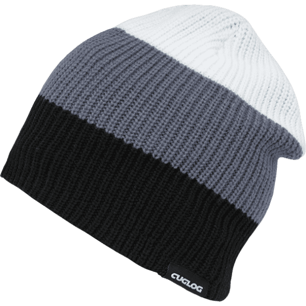 A knit cap featuring three tones: white, grey, and black, with a logo on the side.