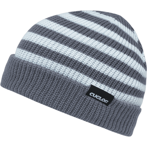 A grey beanie with white and grey stripes, featuring a logo on the side.