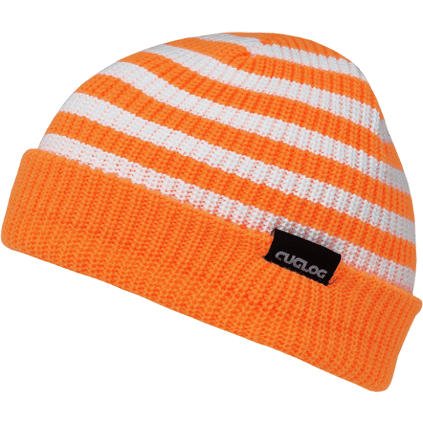 A bright orange and white striped beanie with a folded cuff and a branding label.