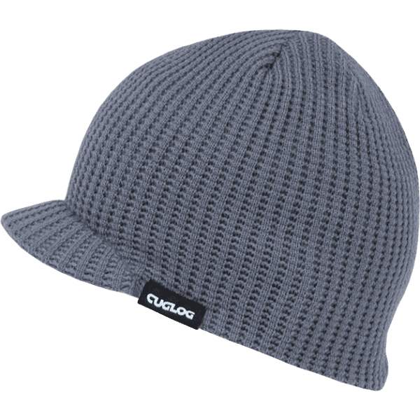 A grey beanie with a ribbed texture and a small branded tag.