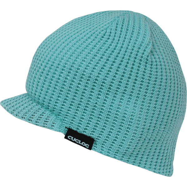 A light blue beanie with a peak and a logo tag. The fabric is textured, offering a stylish look.