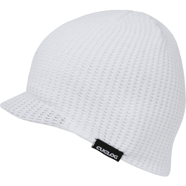A white beanie with a textured design and a short visor, featuring a logo on the side.