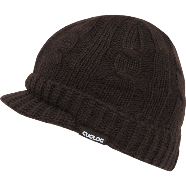 A brown knitted beanie featuring a ribbed band and a logo on the front.