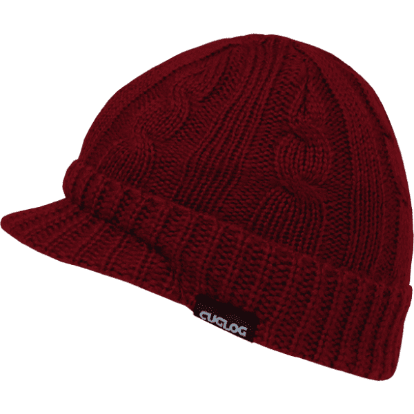 A burgundy beanie with a cable knit design and a branded tag. Features a small brim at the front.