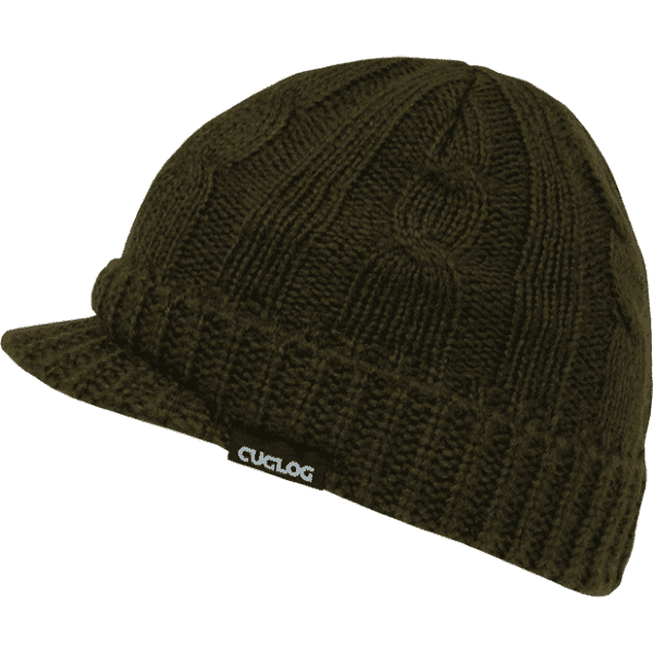 A dark green beanie with a textured knit design and a small logo on the front.