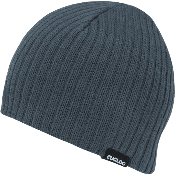 A dark grey beanie with a ribbed design and a small logo tag.