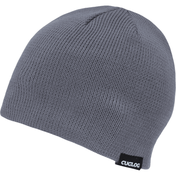A grey beanie with a ribbed texture and a small branding label on the side.