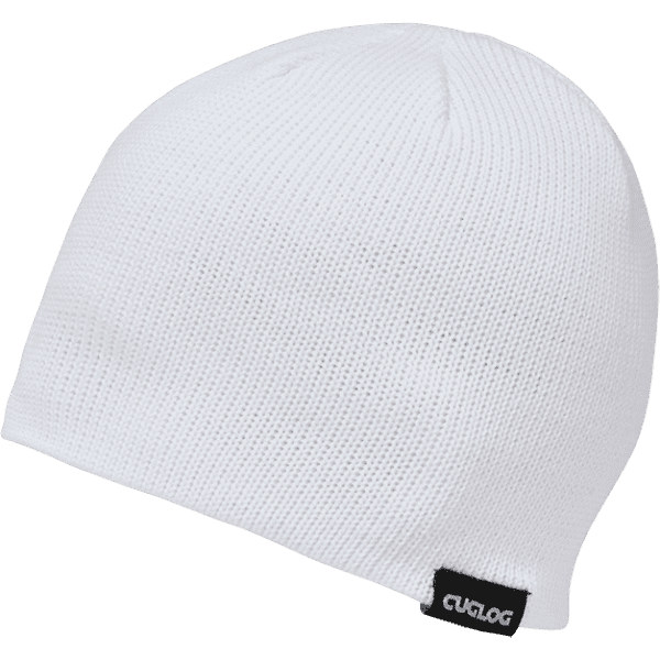 A white beanie with a textured knit design and a small logo tag.