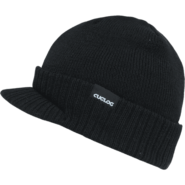 A beanie with a flat brim, featuring a black knit design and a small logo on the side.