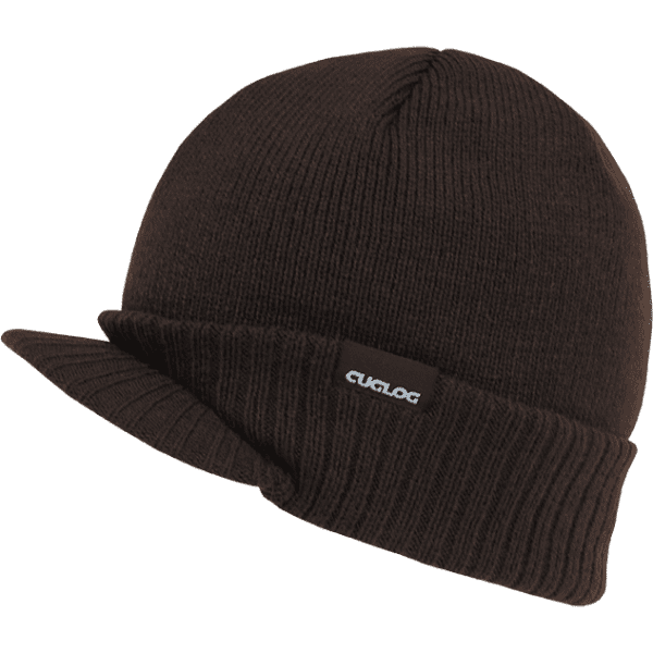 A brown beanie with a folded brim, featuring a logo tag on the side.